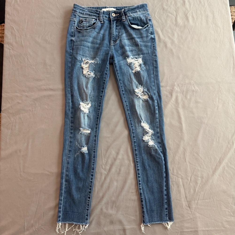 KanCan Womens Distressed Skinny Jeans Medium Wash Blue Raw Hem Mid Rise Denim